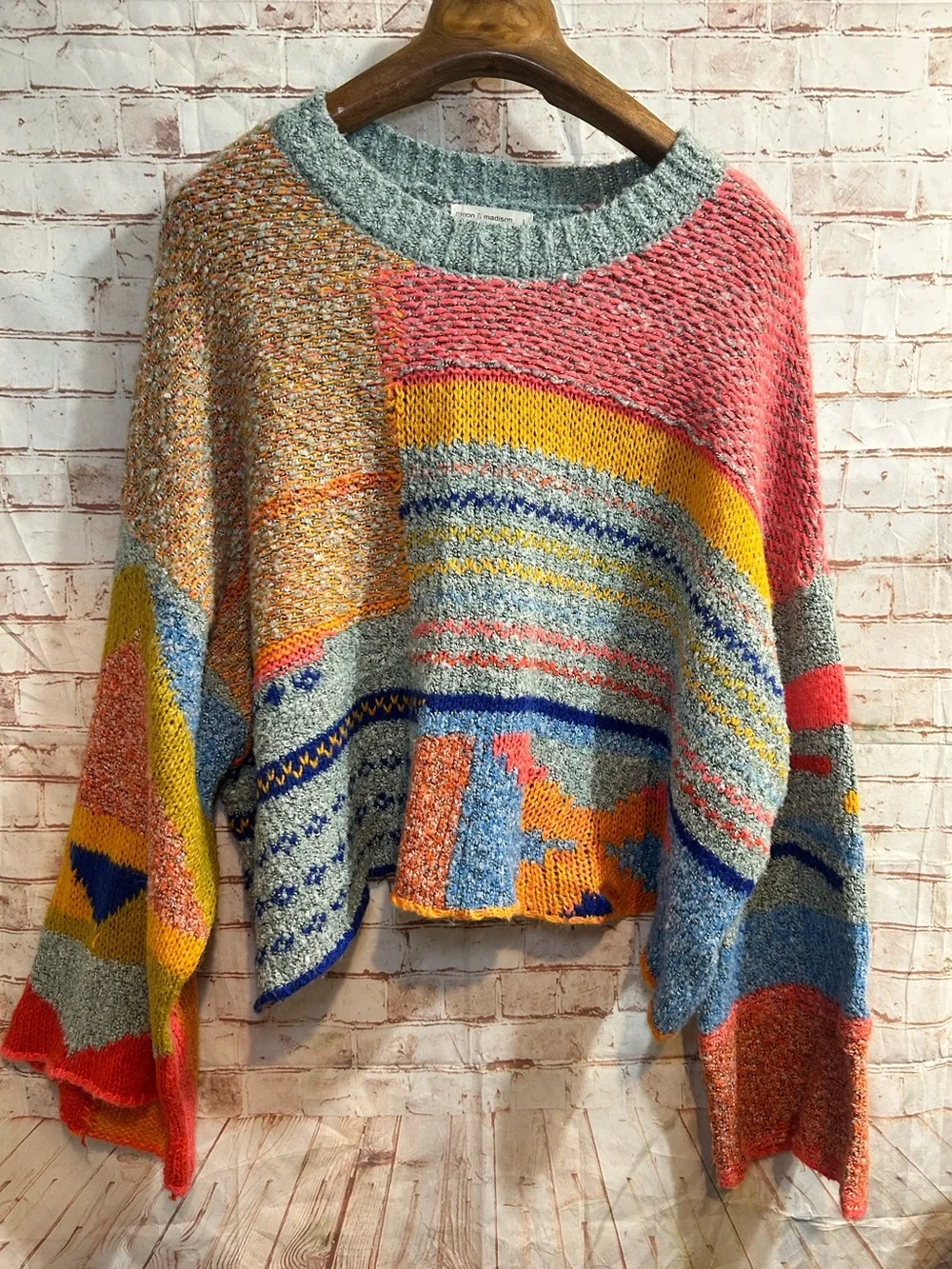 Moon & Madison Colorful Playful Patchwork Oversized Knit Sweater Cozy Boho Funky - Picture 4 of 10